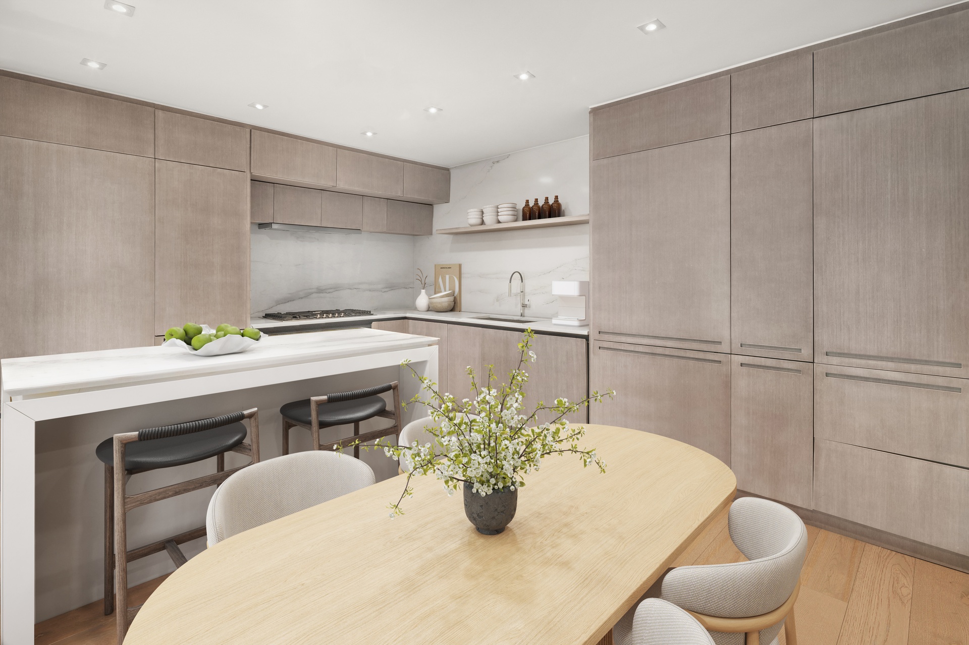 225 14th Street, Unit GARDENA Brooklyn, NY 11215 - Photo 4 of 14 a kitchen with stainless steel appliances a dining table chairs and white cabinets