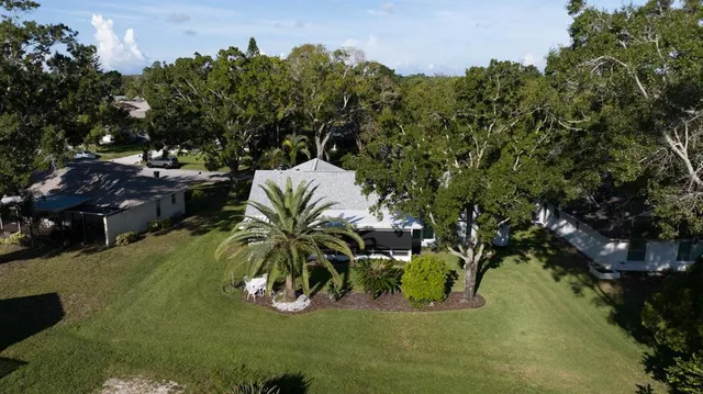 a aerial view of a house with a yard and potted plants