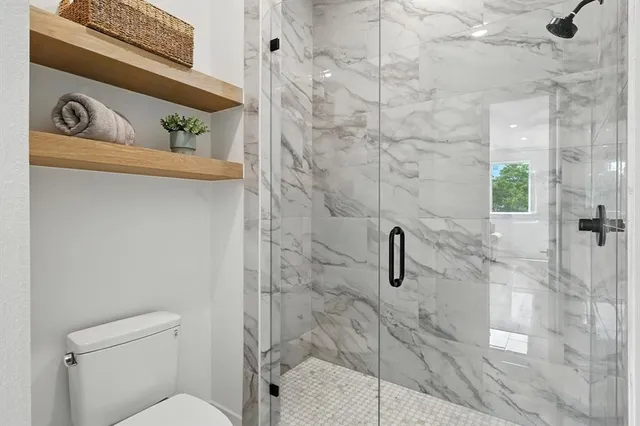 a bathroom with a shower and toilet