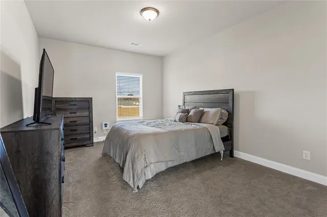 a bedroom with a bed flat screen tv and a stove