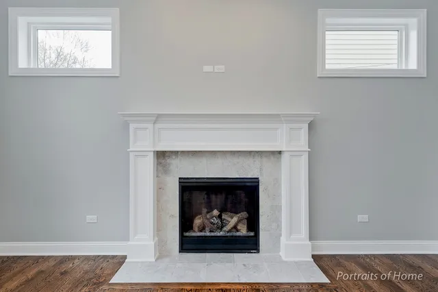 an living room with a fireplace