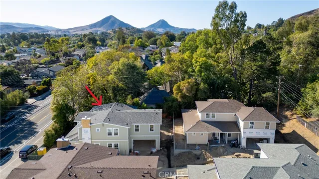 an aerial view of a houses with a mountain