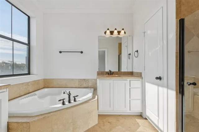 a bathroom with a tub a sink and a large mirror