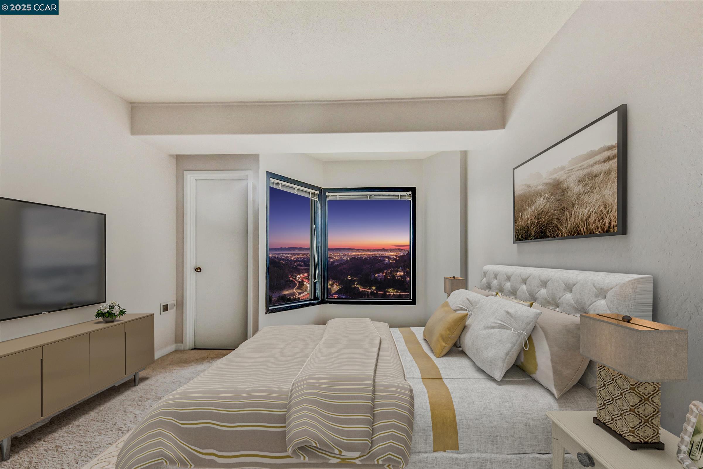 a bedroom with a bed and a flat screen tv