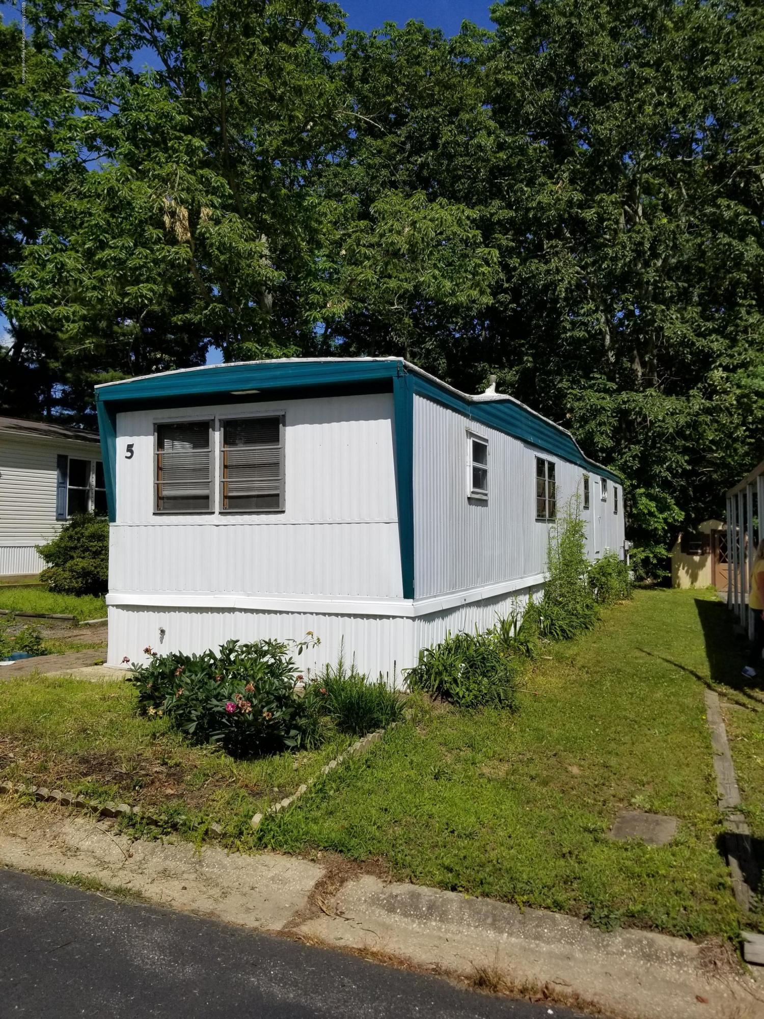 a backyard of a house with plants and large tree