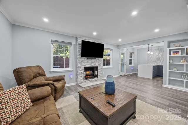 a living room with furniture and a fireplace or television
