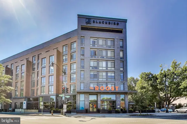 a view of a cafe with a table and chairs under an umbrella