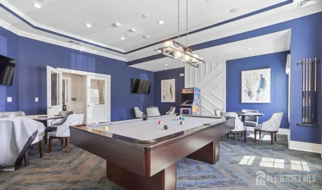 a view of a dining room with furniture