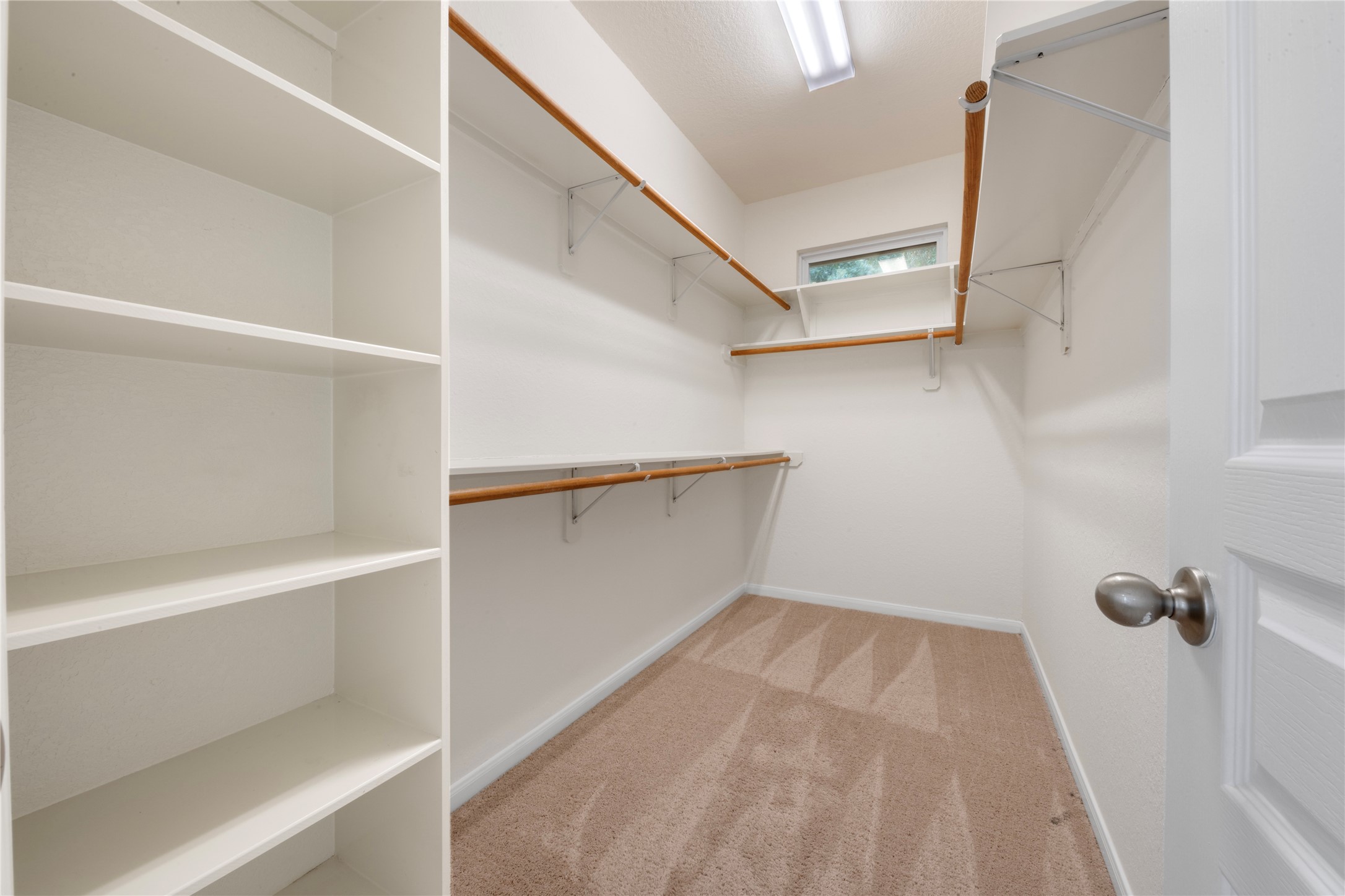 9535 Empress Crossing Drive Spring, TX 77379 - Photo 11 of 45 One of two walk in closets in the primary suite, featuring built in shelving, ample hanging racks and accent window allowing for plenty of light to showcase your wardrobe