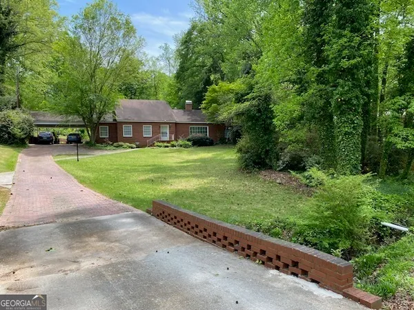 a view of a backyard with potted plants and large trees