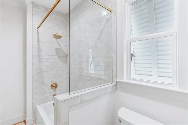 a bathroom with a shower and a toilet