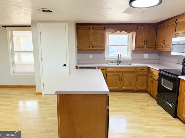 a kitchen with a sink appliances and cabinets