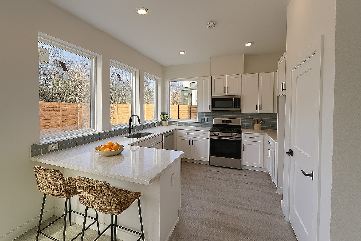 2000 Riverside Farms Road, Unit 10102 Austin, TX 78741 - Photo 3 of 10 This bright, modern kitchen features sleek white cabinetry, stainless steel appliances, and a spacious island with seating. Large windows offer ample natural light, and the light wood flooring enhances the open feel.