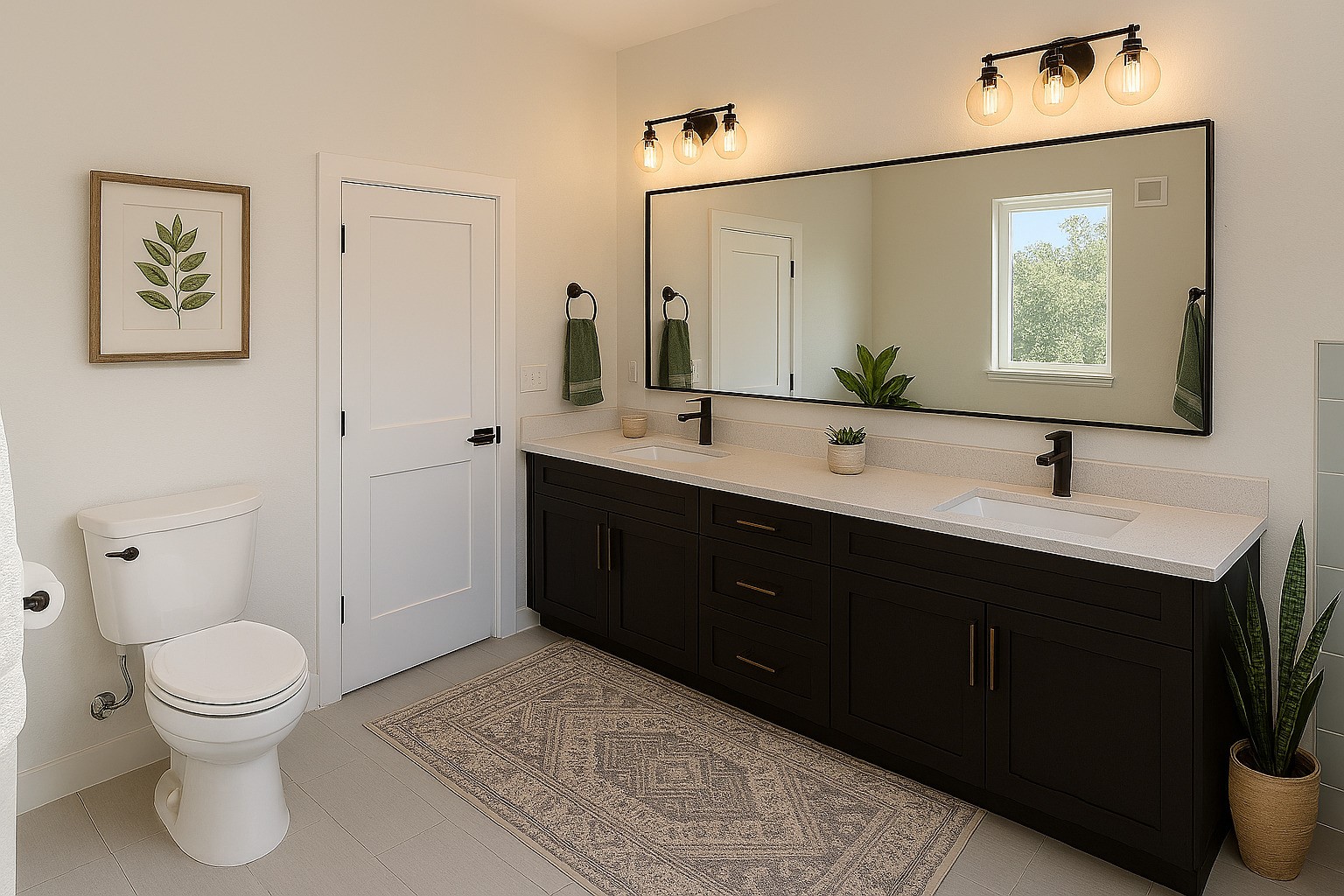 2000 Riverside Farms Road, Unit 10102 Austin, TX 78741 - Photo 5 of 10 This bathroom features a modern double vanity with dark cabinetry and sleek fixtures, a large mirror, and stylish lighting. It includes a window for natural light, a white toilet, and decorative plants, creating a fresh and contemporary feel.