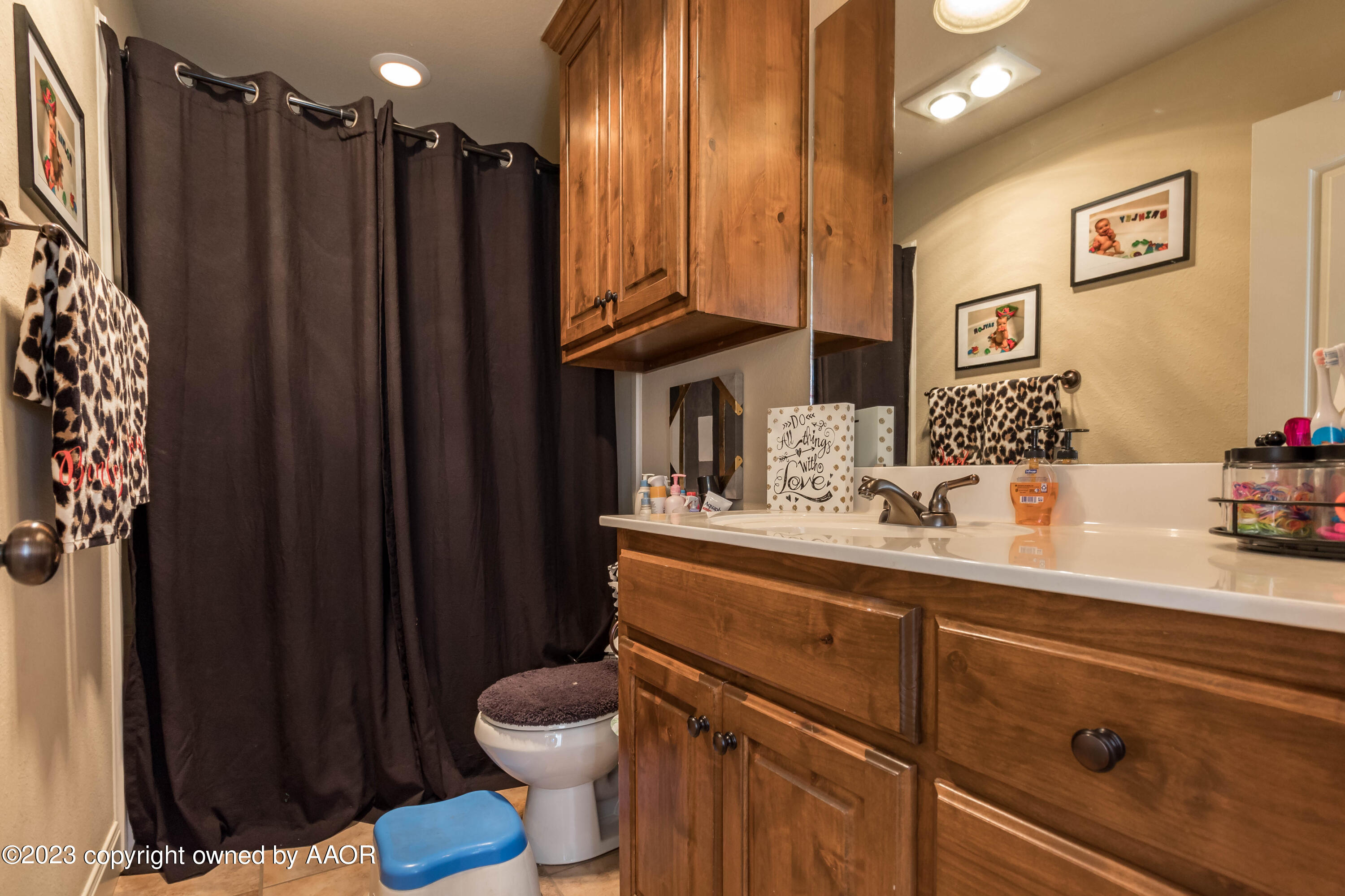 5802 South Rusk Street Amarillo, TX 79118 - Photo 15 of 17 a bathroom with a sink a toilet a mirror and shower curtain