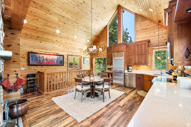 1782 Pine Loop Road Coalville, UT 84017 - Photo 12 of 52 Vaulted wood-paneled ceilings, extensive wood-finish flooring, stone fireplace, stainless steel appliances, and large windows