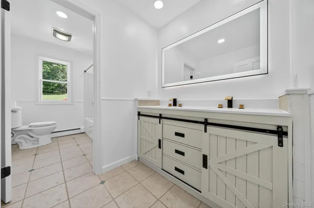 a bathroom with a sink vanity and toilet