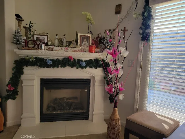 a living room with a fireplace furniture and a potted plant