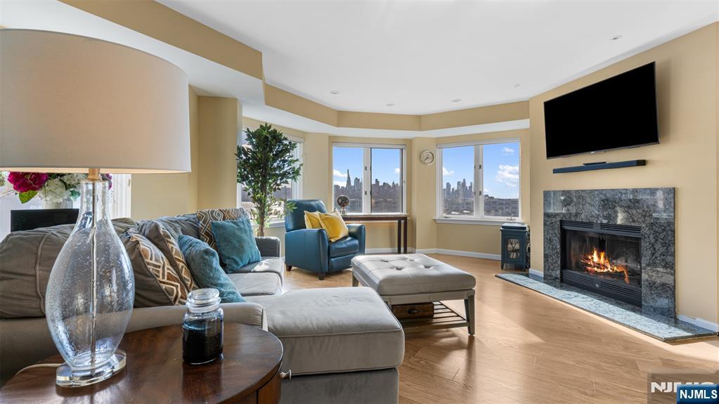a living room with furniture a fireplace and a flat screen tv