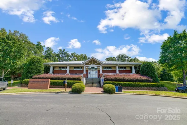 an aerial view of a pool
