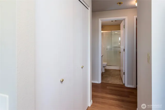 a view of a bathroom with wooden floor