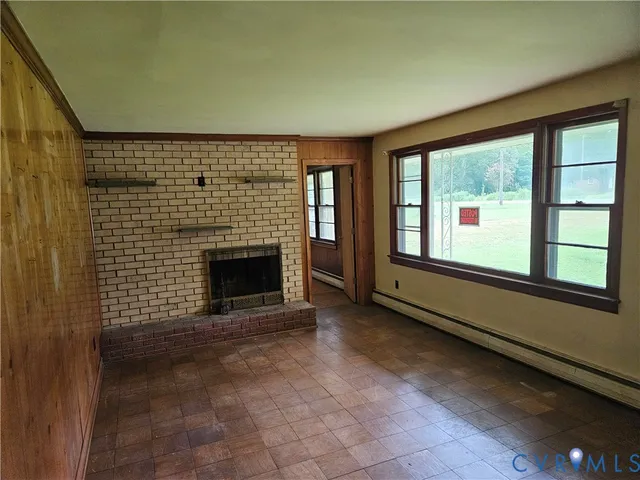 a living room with a fireplace