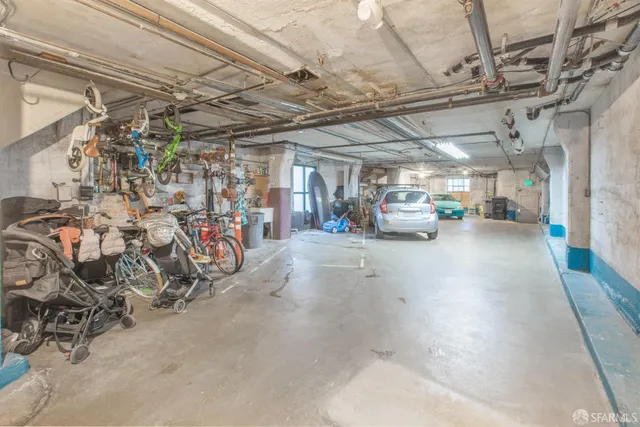 a view of parking garage with furniture