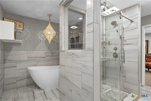 a bathroom with a bathtub and shower