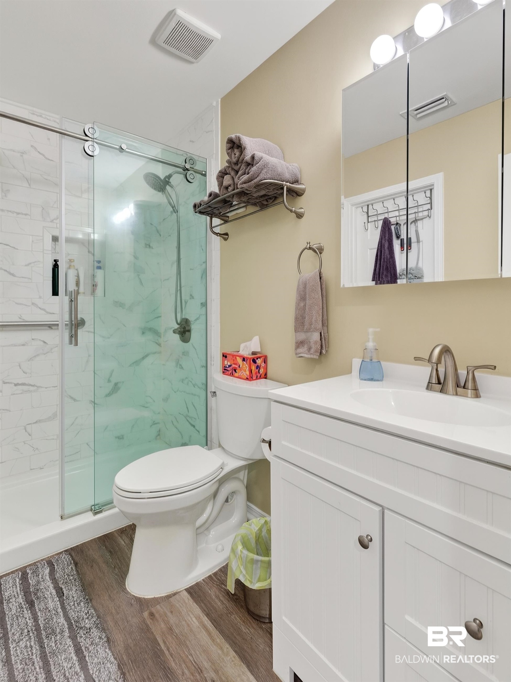 1271 Spring Valley Drive South Mobile, AL 36693 - Photo 42 of 56 Bathroom featuring vanity, dark wood-style floors, and a marble finish shower