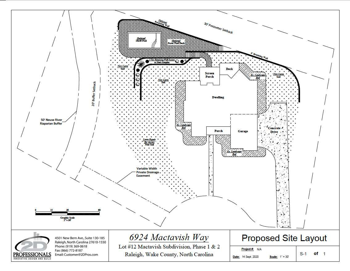 6924 Mactavish Way Raleigh, NC 27613 - Photo 29 of 30 This is a drawing done by a local landscape contractor illustrating the potential for a flatter backyard by adding a retaining wall. We also have an estimate for the work available upon request. Proposed Backyard Drawing