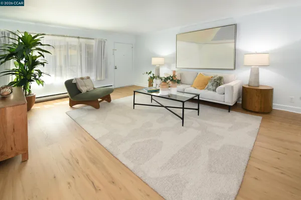 a living room with furniture and a potted plant