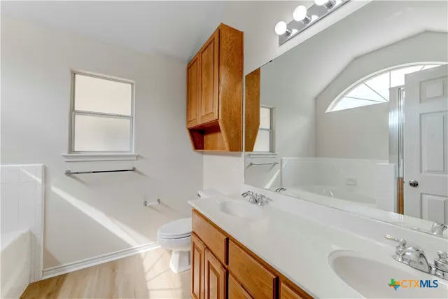 a bathroom with a tub sink and mirror