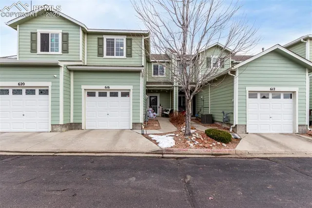 a view of a white house with large windows and a tree
