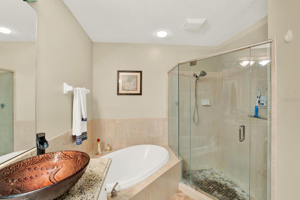 2021 Meadow Rue Court Trinity, FL 34655 - Photo 16 of 41 a bathroom with a granite countertop sink a toilet and shower