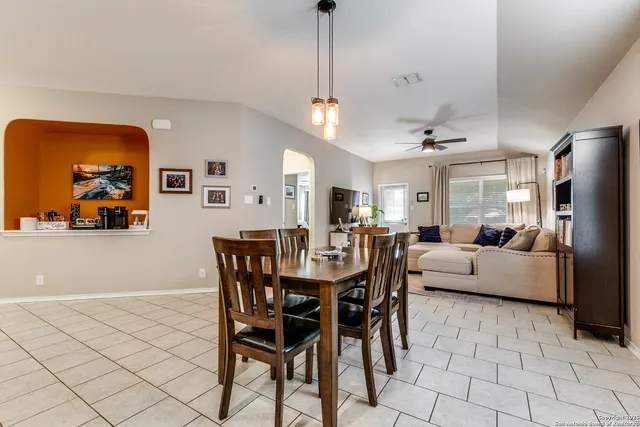a view of a dining room with furniture