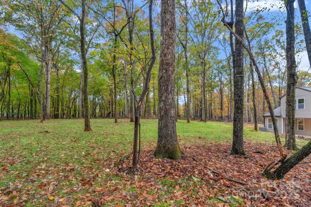 a view of a house with a yard and large trees