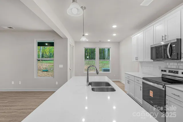 a kitchen with a sink a window and stainless steel appliances