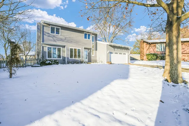 a view of a building with a snow in the background