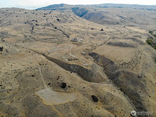 a view of a dry field with mountains in the background