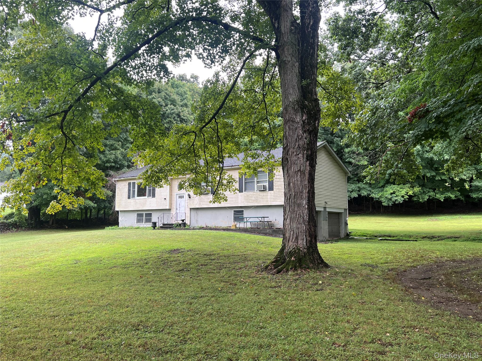 a view of a trees with backyard of house