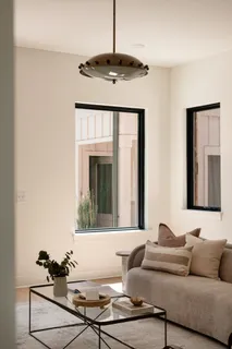 a living room with furniture and a potted plant