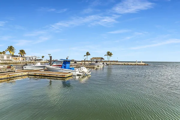 a view of an ocean with boats and trees in the background