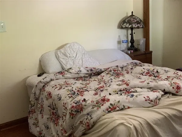 a bedroom with a bed and a chandelier
