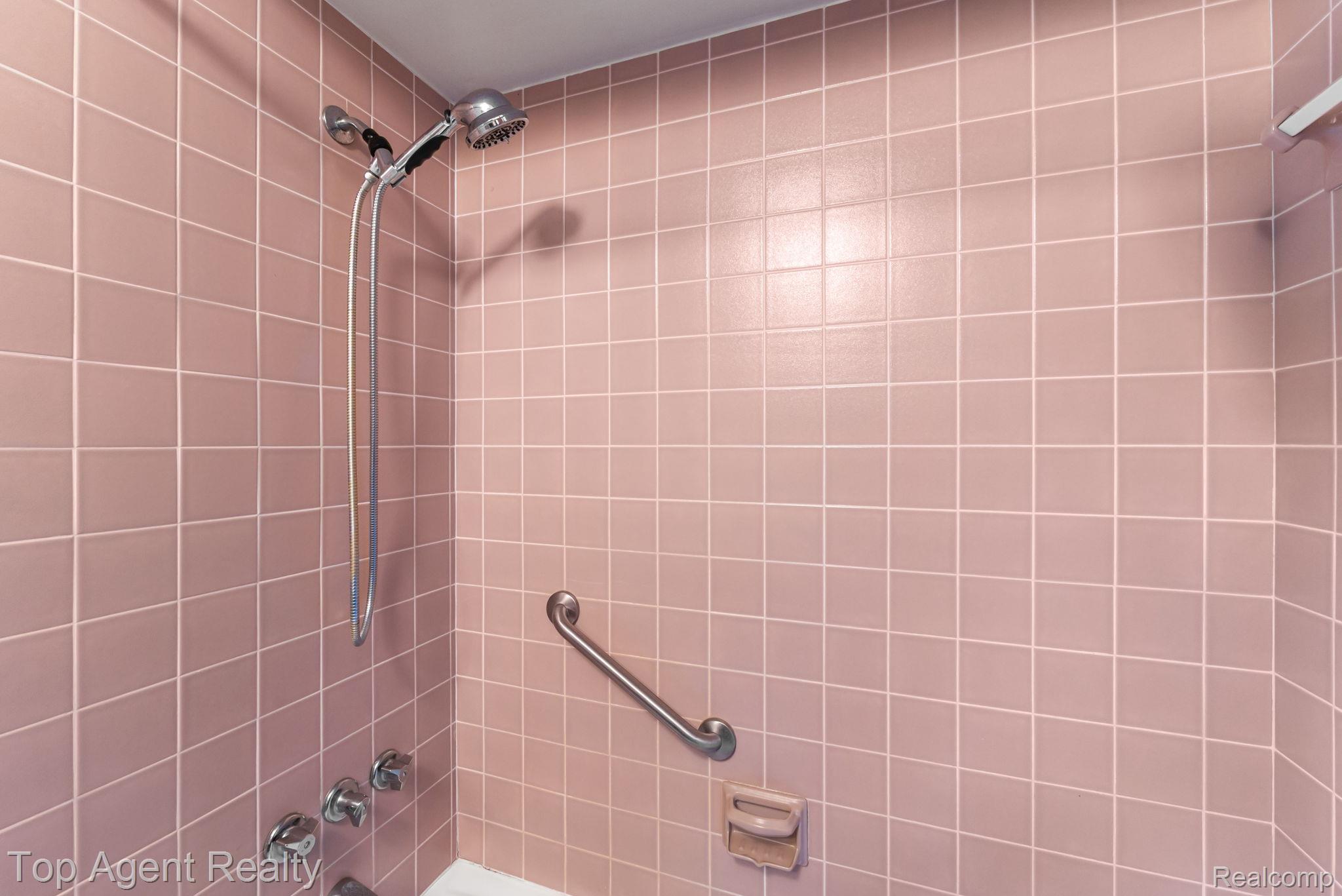 8269 Currie Road Northville, MI 48168 - Photo 35 of 80 Pink tiled shower with a dual-head shower system, grab bar, and chrome fixtures