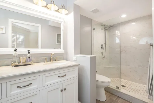 a bathroom with a sink a toilet and shower