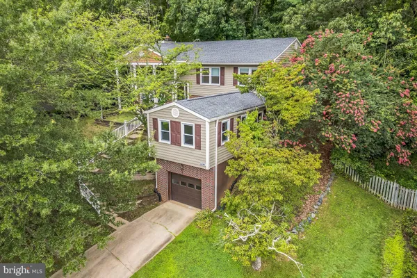a aerial view of a house with a yard and potted plants