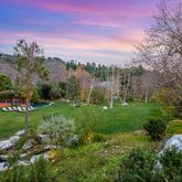 a view of a garden with large trees