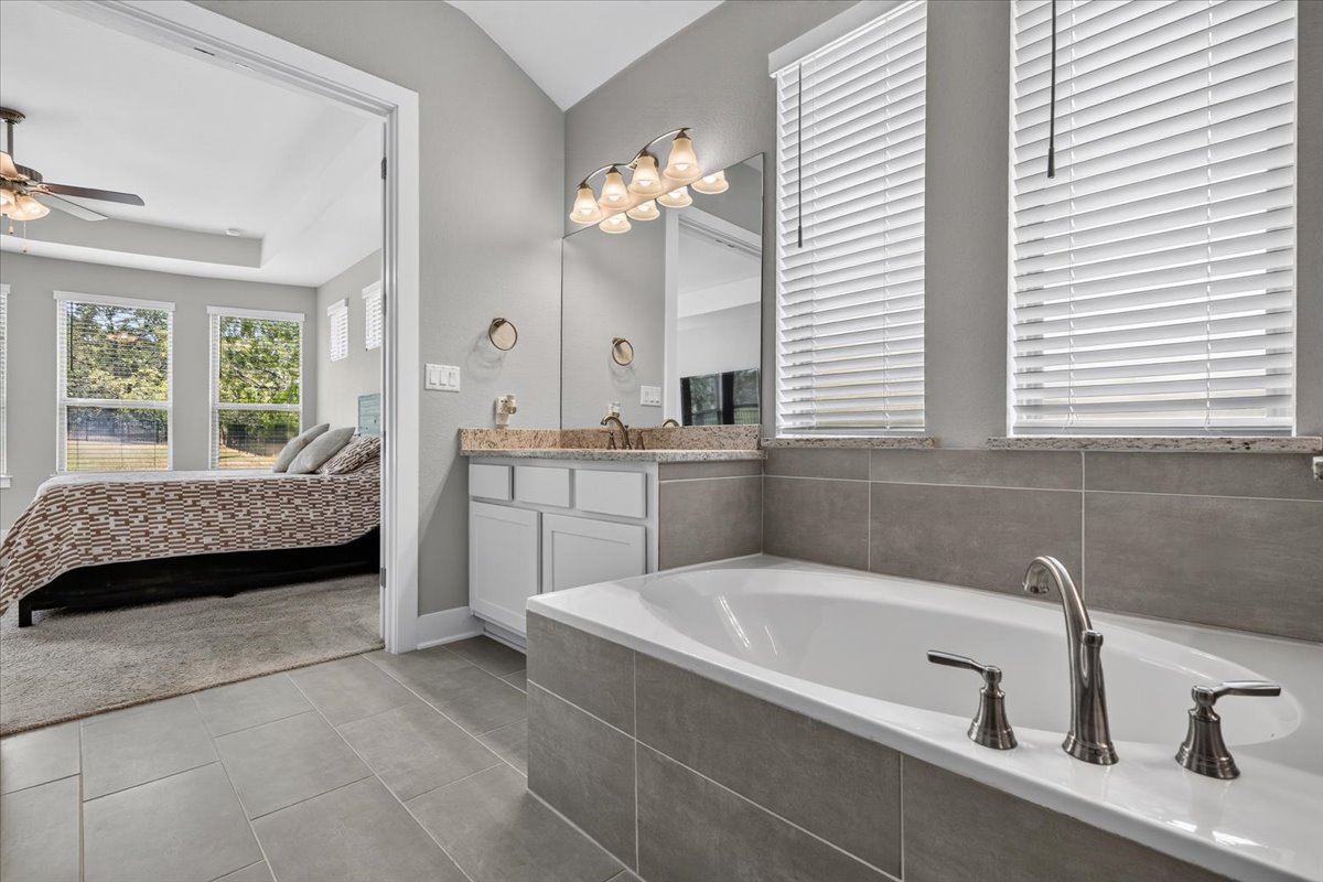 320 Raptor Beak Way Cedar Creek, TX 78612 - Photo 25 of 40 A well-lit primary bathroom features a deep soaking tub and an elegant vanity, adjoining a restful bedroom.