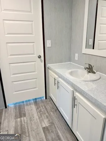 a bathroom with a sink and a mirror