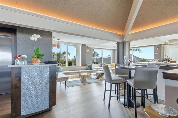 a view of a dining room with furniture